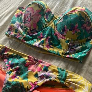 Yellow Tropical Floral Print Strappy Swim Suit Jessica Simpson Women’s Small